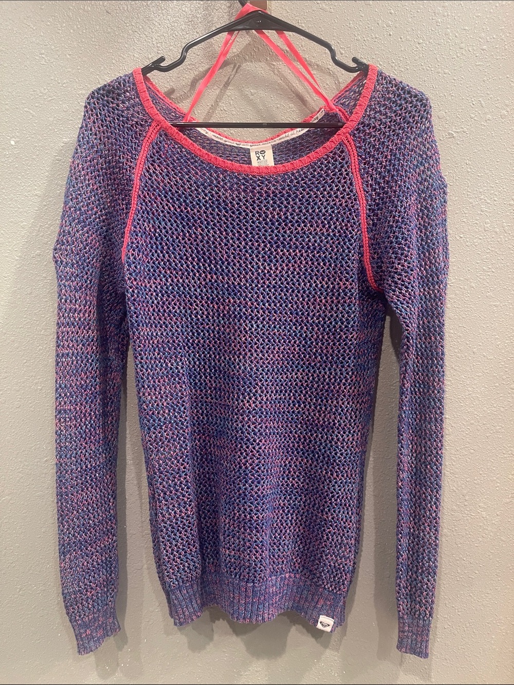 Roxy Women's Purple Knit Crewneck Sweater with Pink Neon Trim